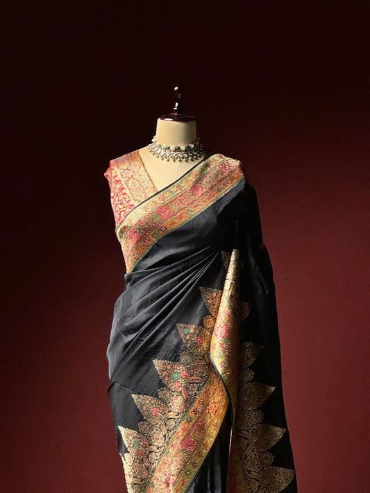 Black Kashmiri Pashmina Saree | Swarovski Work & Embroidered Border