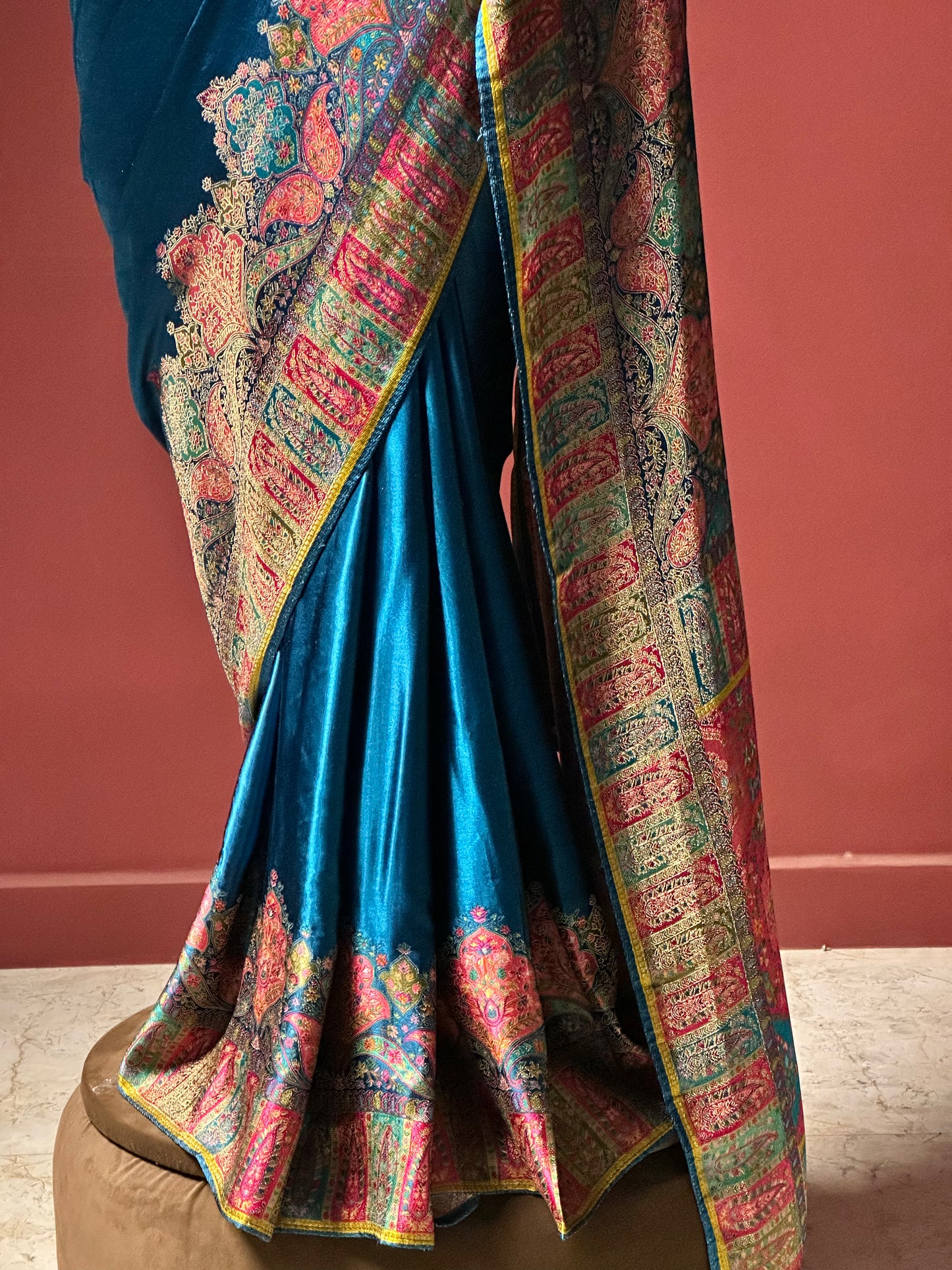 TEAL MULBERRY SILK KASHMIRI TRADITOINAL PASHMINA SAREE