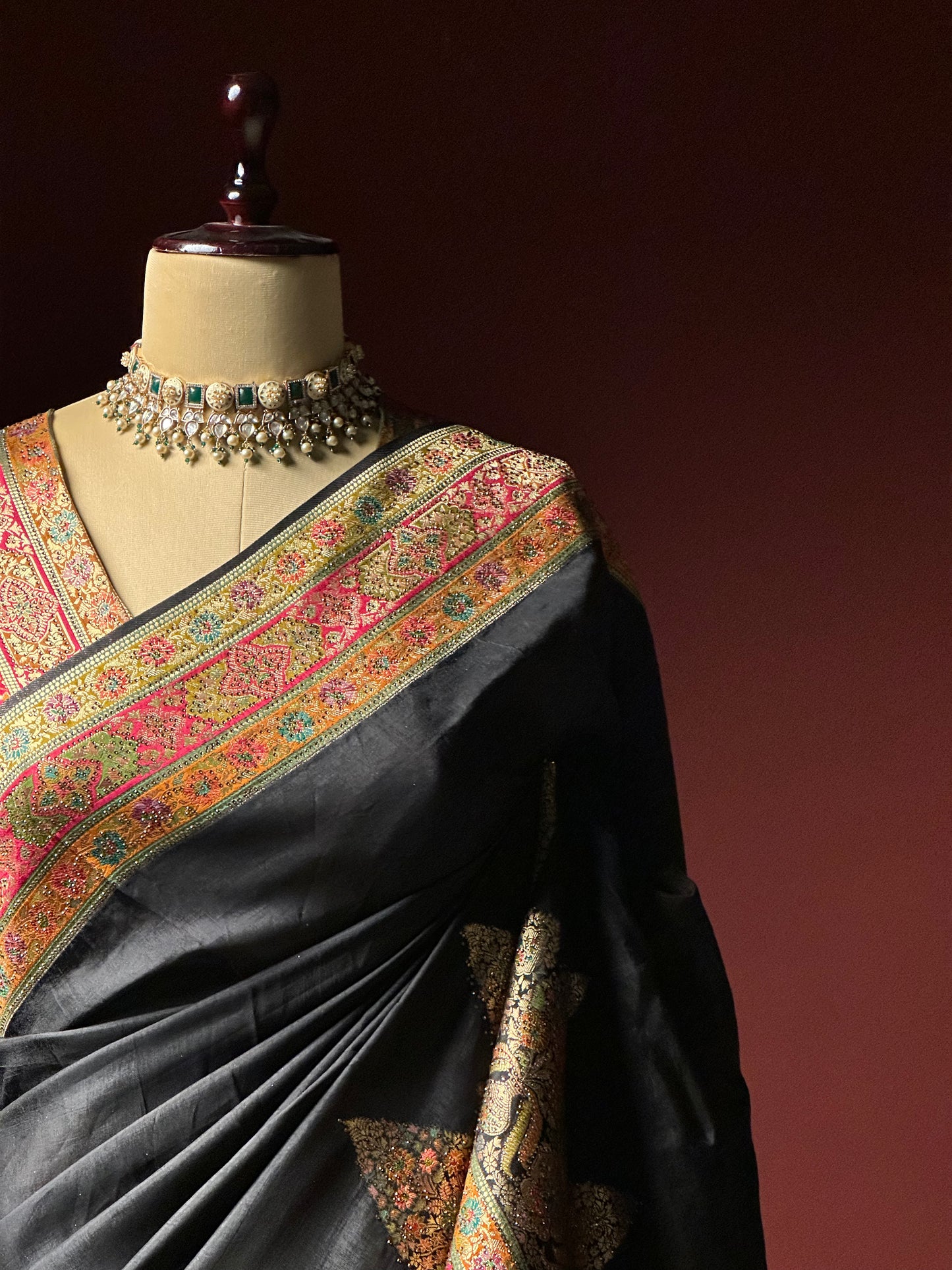 Black Kashmiri Pashmina Saree | Swarovski Work & Embroidered Border