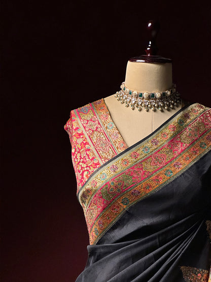 Black Kashmiri Pashmina Saree | Swarovski Work & Embroidered Border