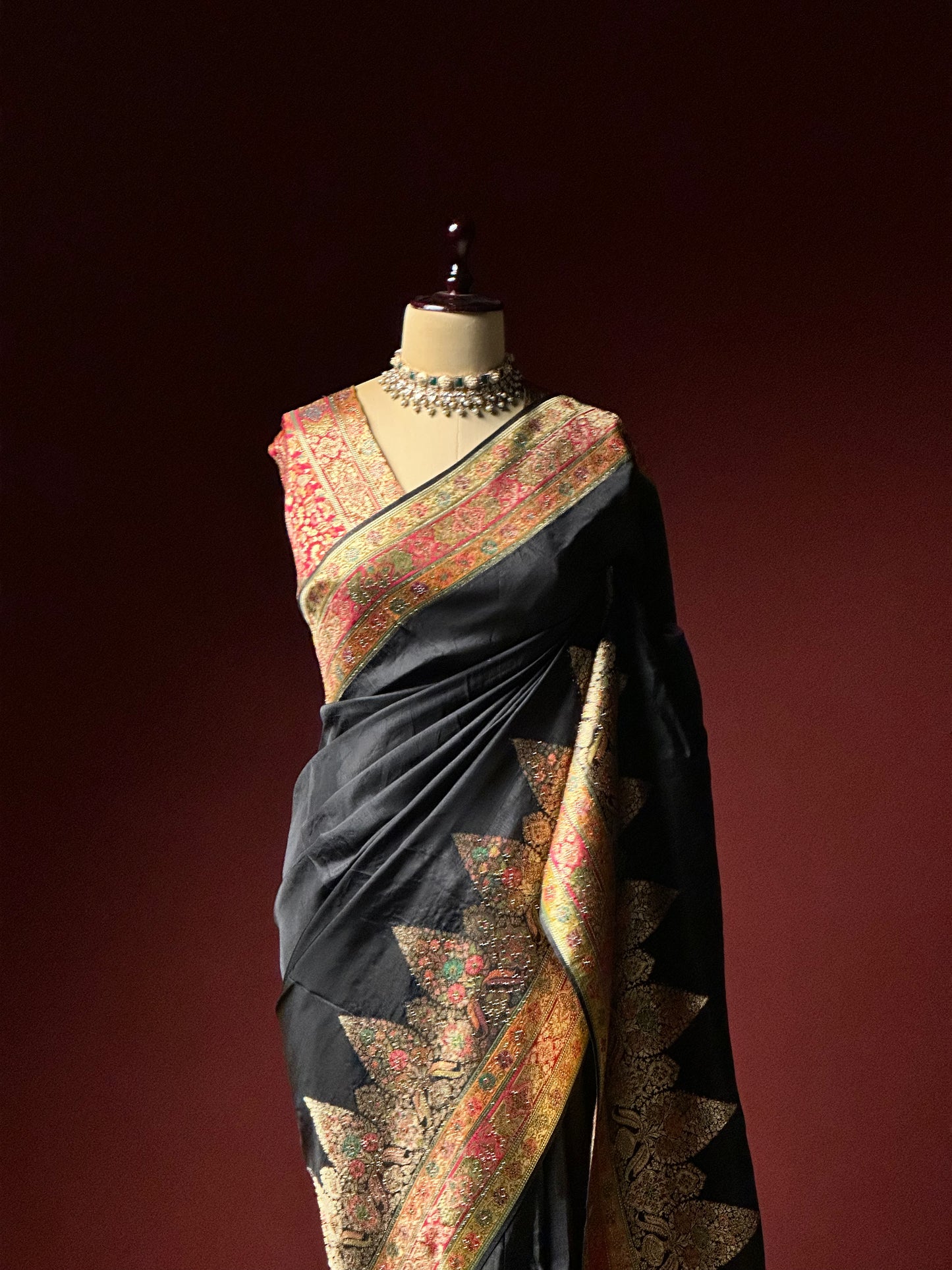 Black Kashmiri Pashmina Saree | Swarovski Work & Embroidered Border