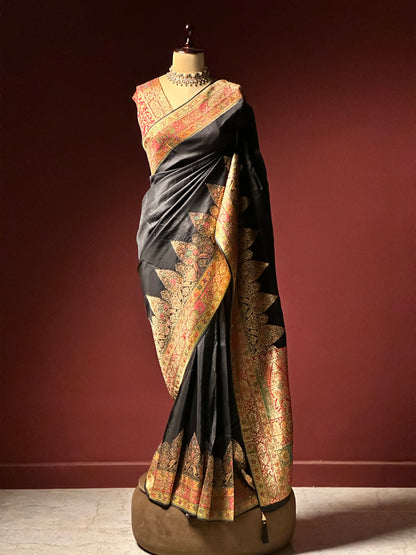 Black Kashmiri Pashmina Saree | Swarovski Work & Embroidered Border