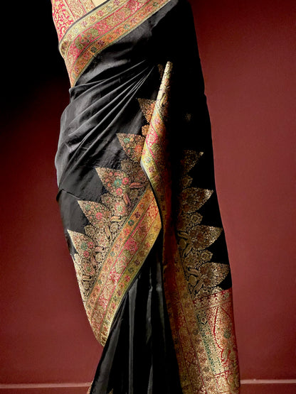 Black Kashmiri Pashmina Saree | Swarovski Work & Embroidered Border