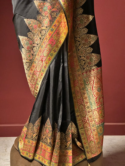 Black Kashmiri Pashmina Saree | Swarovski Work & Embroidered Border