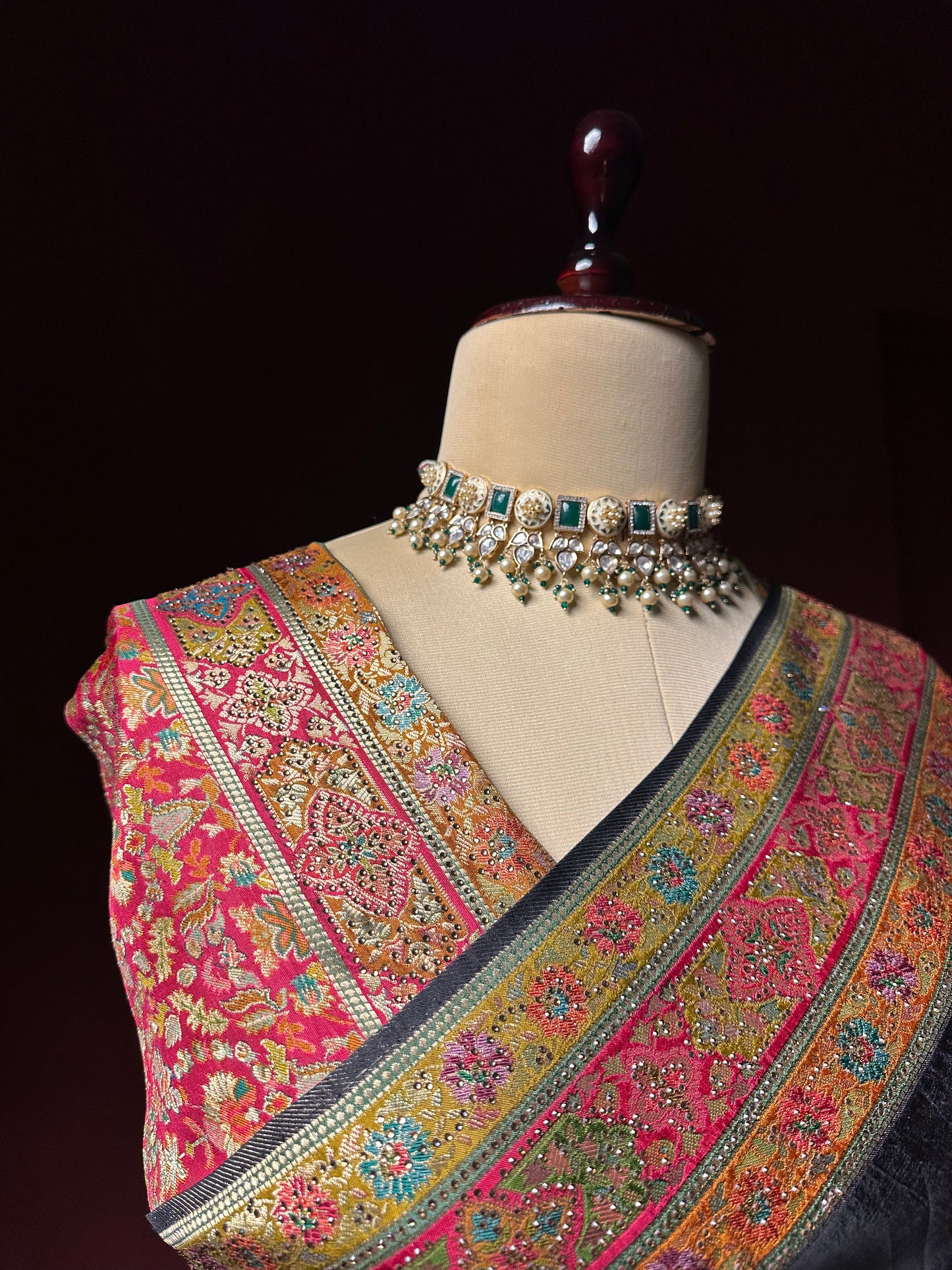 Black Kashmiri Pashmina Saree | Swarovski Work & Embroidered Border
