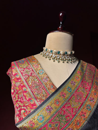 Black Kashmiri Pashmina Saree | Swarovski Work & Embroidered Border