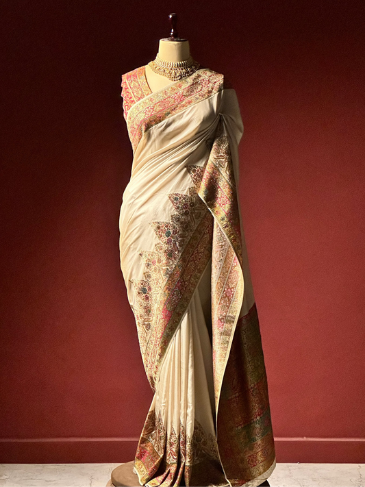 Cream Gold Kashmiri Pashmina Saree | Swarovski Work & Embroidered Border