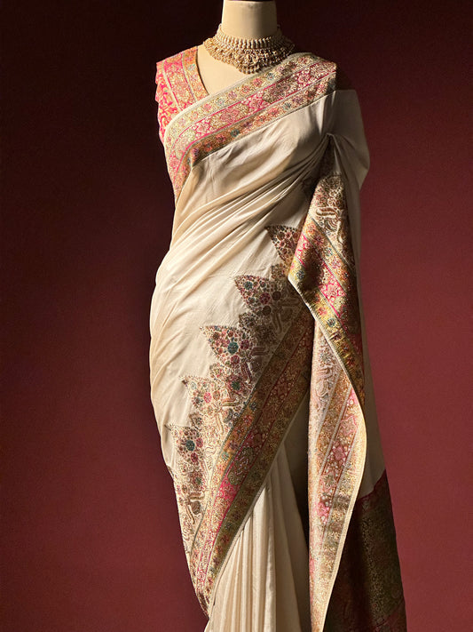 Cream Gold Kashmiri Pashmina Saree | Swarovski Work & Embroidered Border
