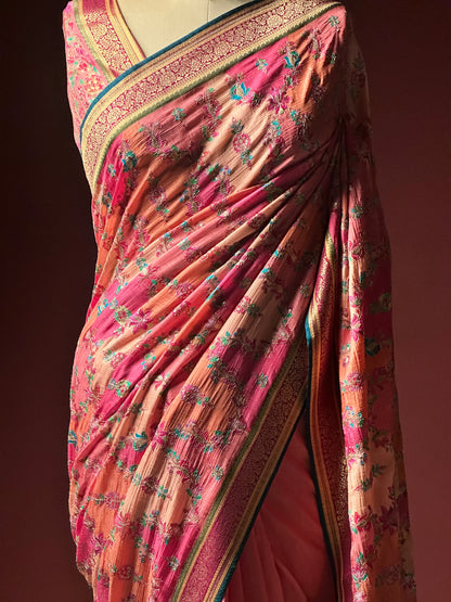 Pink Kashmiri Aari Work Silk Saree | Floral Jaal Embroidery
