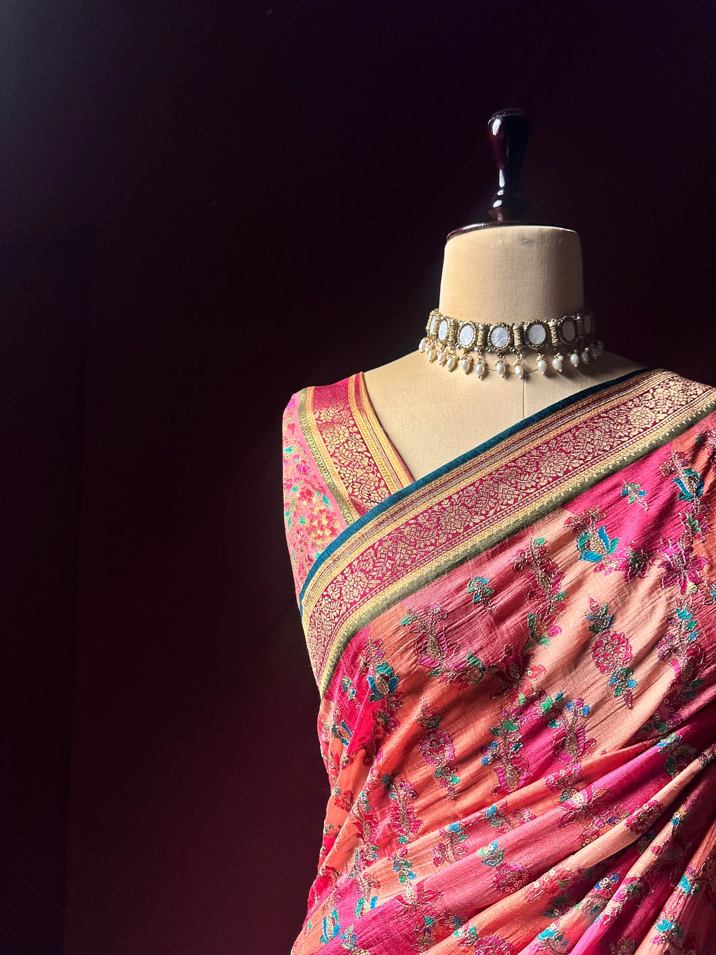 Pink Kashmiri Aari Work Silk Saree | Floral Jaal Embroidery