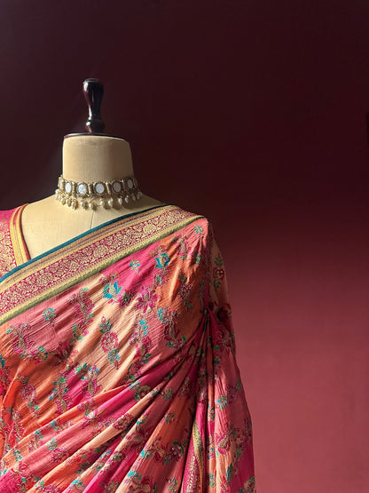 Pink Kashmiri Aari Work Silk Saree | Floral Jaal Embroidery