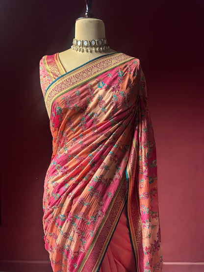 Pink Kashmiri Aari Work Silk Saree | Floral Jaal Embroidery