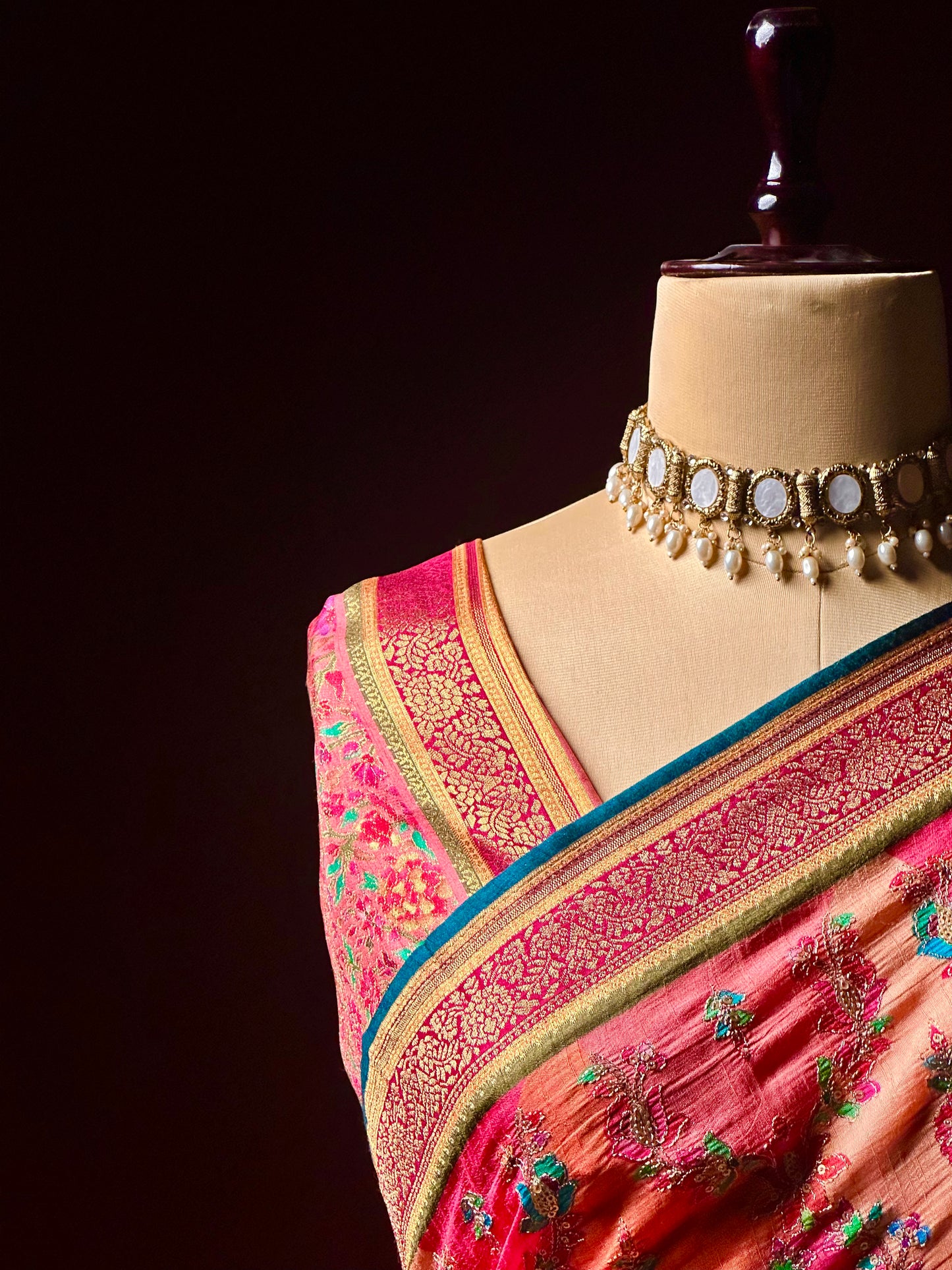 Pink Kashmiri Aari Work Silk Saree | Floral Jaal Embroidery