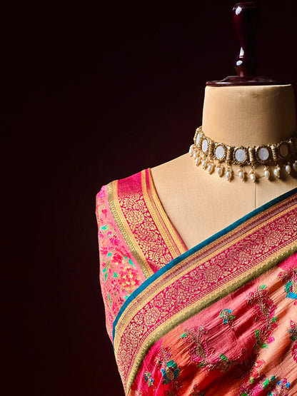 Pink Kashmiri Aari Work Silk Saree | Floral Jaal Embroidery