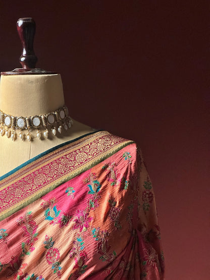 Pink Kashmiri Aari Work Silk Saree | Floral Jaal Embroidery