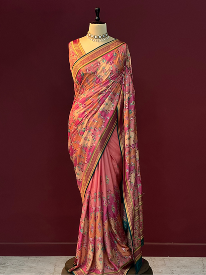 Pink Kashmiri Aari Work Silk Saree | Floral Jaal Embroidery