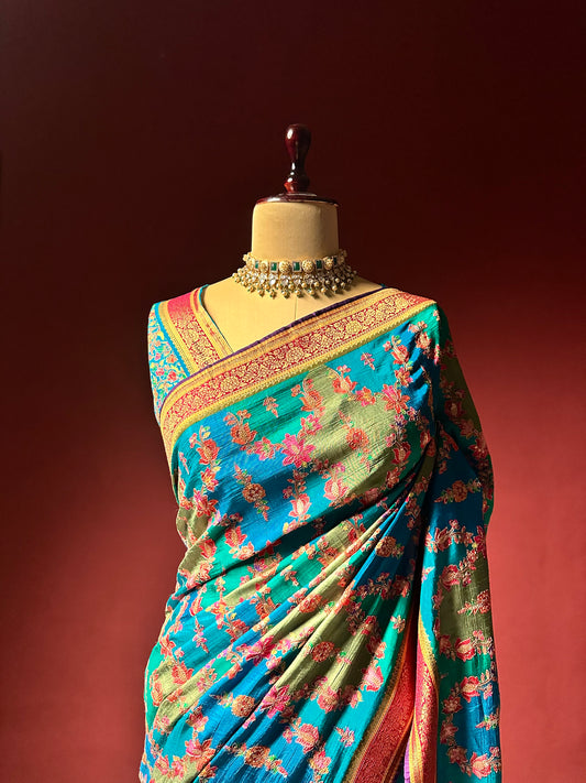 Teal Kashmiri Aari Work Silk Saree | Floral Jaal Embroidery