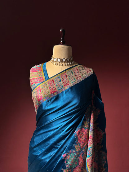 TEAL MULBERRY SILK KASHMIRI TRADITOINAL PASHMINA SAREE