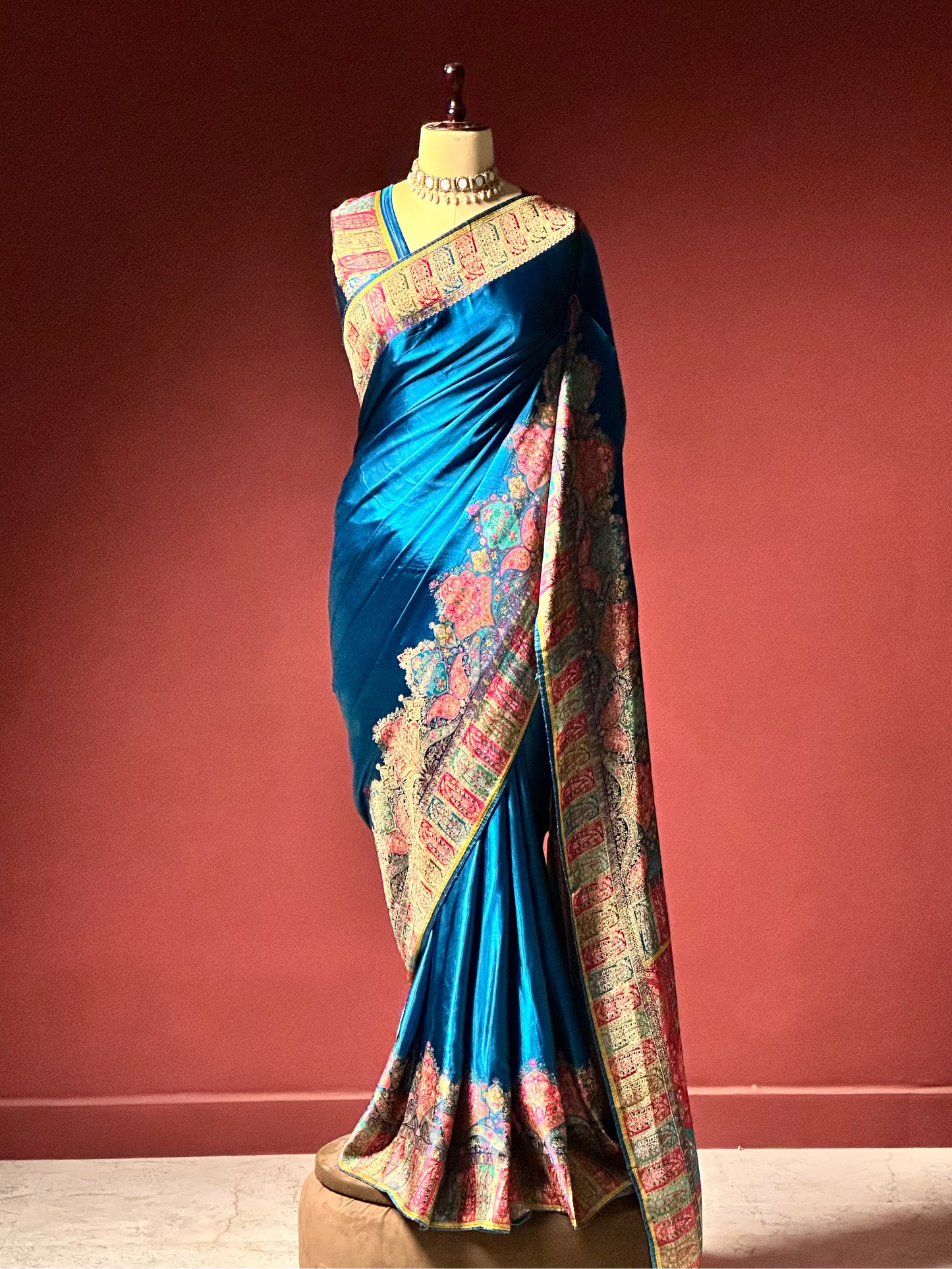 TEAL MULBERRY SILK KASHMIRI TRADITOINAL PASHMINA SAREE