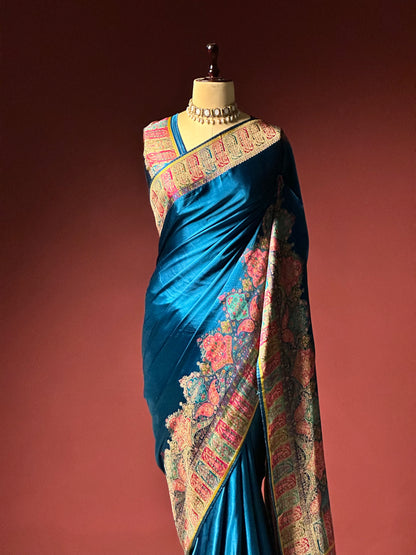 TEAL MULBERRY SILK KASHMIRI TRADITOINAL PASHMINA SAREE