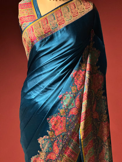 TEAL MULBERRY SILK KASHMIRI TRADITOINAL PASHMINA SAREE