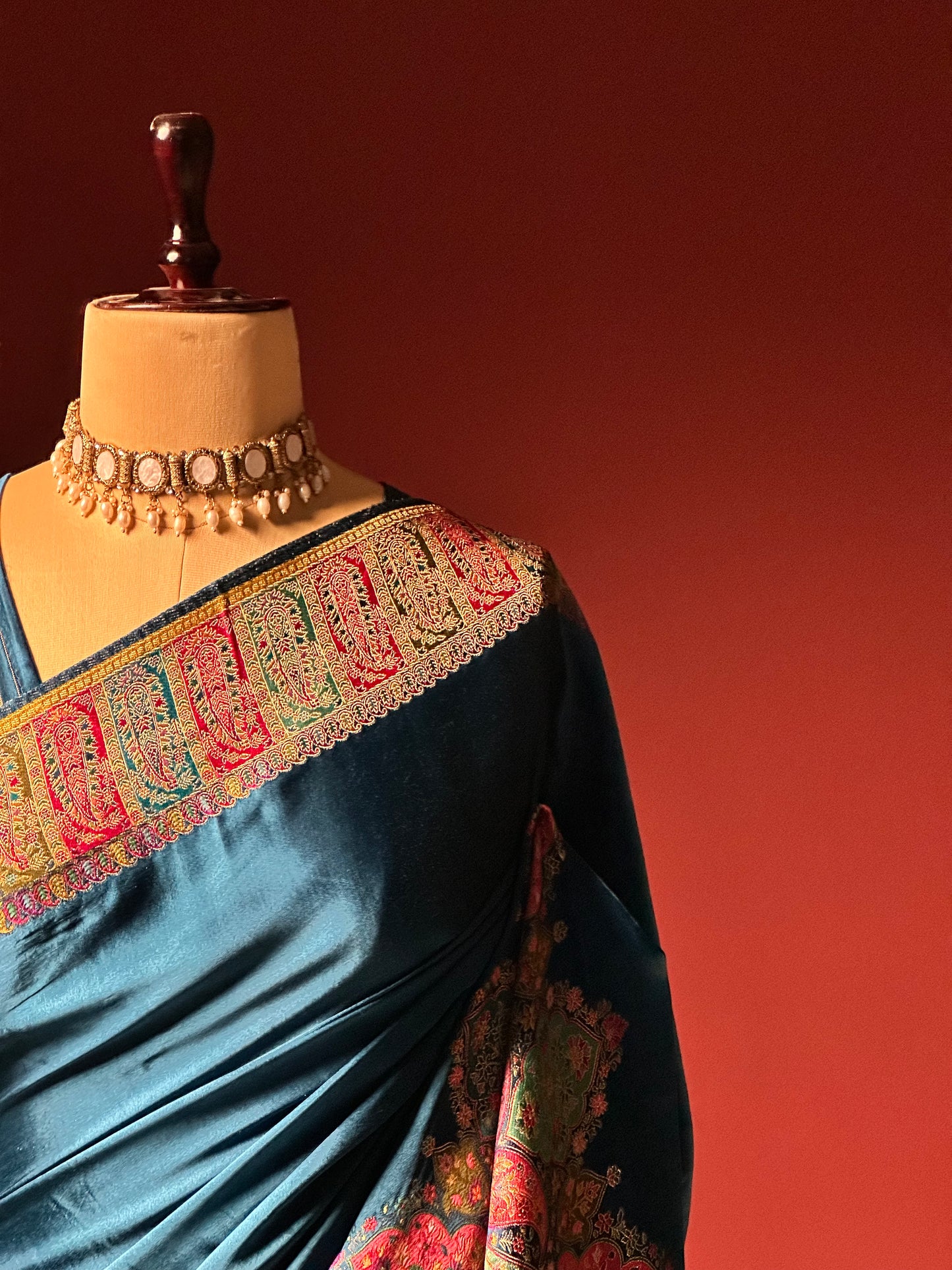 TEAL MULBERRY SILK KASHMIRI TRADITOINAL PASHMINA SAREE