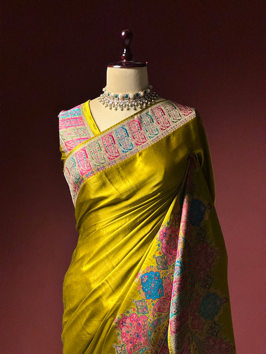 MUSTARD MULBERRY SILK KASHMIRI TRADITOINAL PASHMINA SAREE